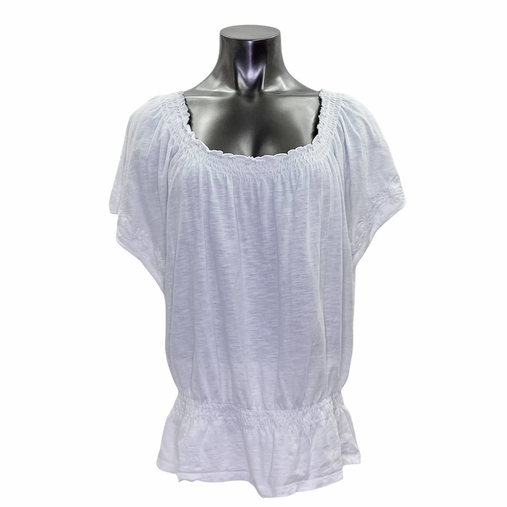 MERONA Solid White Short Dolman Sleeve Floral Eyelet Trim Smocked Blouse XL